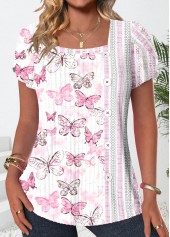White Button Butterfly Print Short Sleeve T Shirt