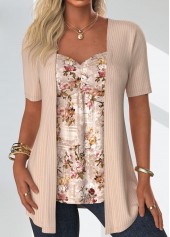 Skin Color Floral Print Fake Two Piece Twinset