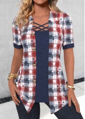 Navy Fake 2in1 Plaid Short Sleeve Shirt Collar Blouse
