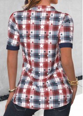 Navy Fake 2in1 Plaid Short Sleeve Shirt Collar Blouse | thumb picture 