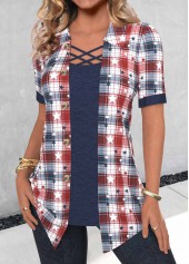 Navy Fake 2in1 Plaid Short Sleeve Shirt Collar Blouse | thumb picture 