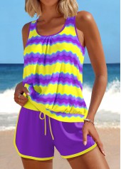 Patchwork Wave Pattern Print Purple Tankini Set