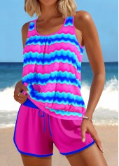 Patchwork Wave Pattern Print Hot Pink Tankini Set | thumb picture 