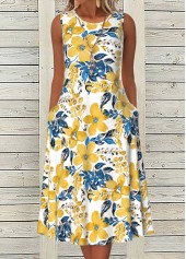 White Tummy Control Floral Print Sleeveless Round Neck Dress