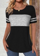 Black Patchwork Short Sleeve Round Neck T Shirt