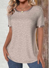Light Coffee Patchwork Short Sleeve Round Neck T Shirt | thumb picture 