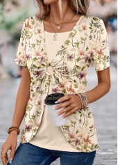 Light Camel Floral Print T Shirt