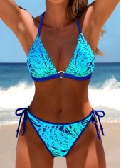 Circular Ring Leaf Print Cyan Bikini Set