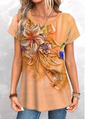 Orange Patchwork Floral Print Short Sleeve T Shirt | thumb picture 