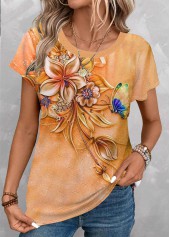 Orange Patchwork Floral Print Short Sleeve T Shirt