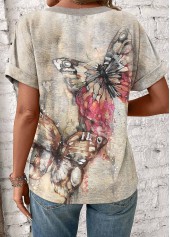 Light Camel Patchwork Butterfly Print Short Sleeve T Shirt