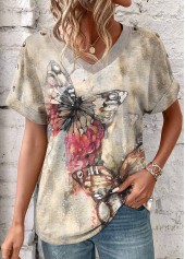 Light Camel Patchwork Butterfly Print Short Sleeve T Shirt