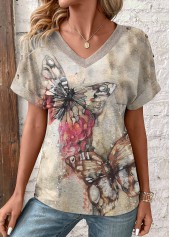 Light Camel Patchwork Butterfly Print Short Sleeve T Shirt