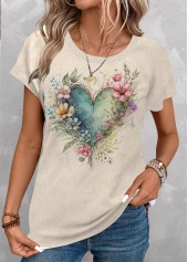 Light Camel Floral Print Short Sleeve T Shirt