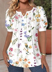 White Tuck Stitch Floral Print Short Sleeve T Shirt