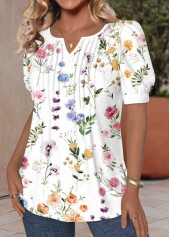 White Tuck Stitch Floral Print Short Sleeve T Shirt | thumb picture 