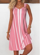 Pink Breathable Striped A Line Sleeveless V Neck Dress