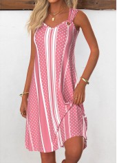 Pink Breathable Striped A Line Sleeveless V Neck Dress | thumb picture 