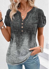 Grey Patchwork Ombre Short Sleeve Split Neck T Shirt
