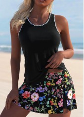 Cut Out Ditsy Floral Print Black Tankini Set