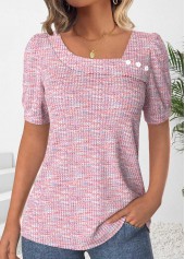 Pink Button Short Sleeve Asymmetrical Neck T Shirt