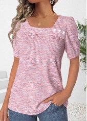 Pink Button Short Sleeve Asymmetrical Neck T Shirt | thumb picture 
