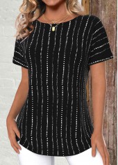 Black Lightweight Striped Short Sleeve Round Neck T Shirt | thumb picture 