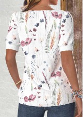White Button Floral Print Short Sleeve T Shirt