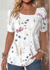 White Button Floral Print Short Sleeve T Shirt