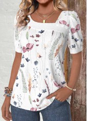 White Button Floral Print Short Sleeve T Shirt