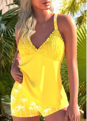 Smocked Tropical Plants Print Yellow Tankini Set | thumb picture 