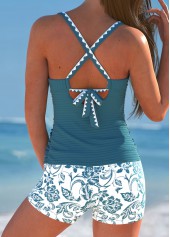 Criss Cross Random Floral Print Peacock Blue Tankini Set | thumb picture 