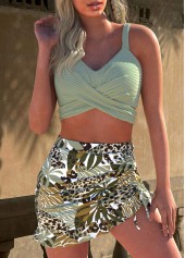 Criss Cross Tropical Plants Print Sage Green Bikini Set