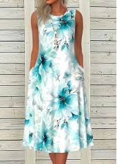 Plus Size Blue Tummy Coverage Floral Print Sleeveless Dress