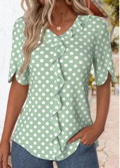 Green Ruffle Polka Dot Short Sleeve T Shirt