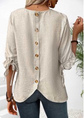 Beige Button Half Sleeve Round Neck Blouse