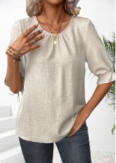 Beige Button Half Sleeve Round Neck Blouse | thumb picture 