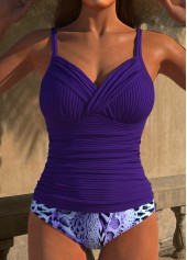 Ruched Animal Print Purple Tankini Set