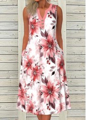 Pink Button Floral Print A Line Sleeveless Dress