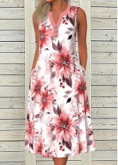 Pink Button Floral Print A Line Sleeveless Dress | thumb picture 