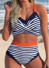 Surplice Striped Navy High Waisted Bikini Set