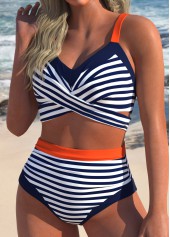 Surplice Striped Navy High Waisted Bikini Set | thumb picture 