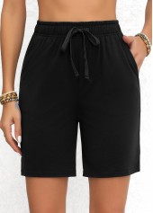 Black Double Side Pockets Elastic Waist High Waisted Shorts