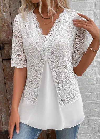 women clothes image of White Patchwork Half Sleeve V Neck Blouse