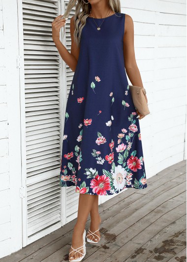 women clothes image of Navy Breathable Floral Print A Line Sleeveless Dress