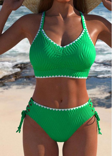 women clothes image of Contrast Binding Green Lace Up Bikini Set