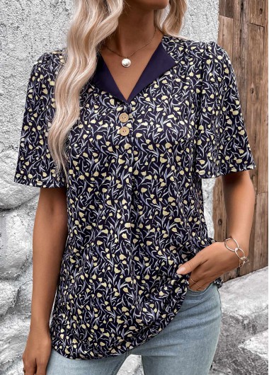 women clothes image of Navy Button Ditsy Floral Print Short Sleeve T Shirt