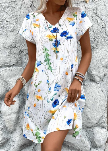 women clothes image of White Lightweight Floral Print A Line Short Sleeve Dress