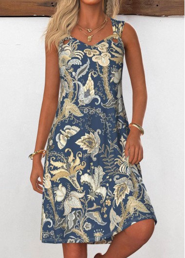 women clothes image of Navy Grommet Tribal Print A Line Sleeveless Dress