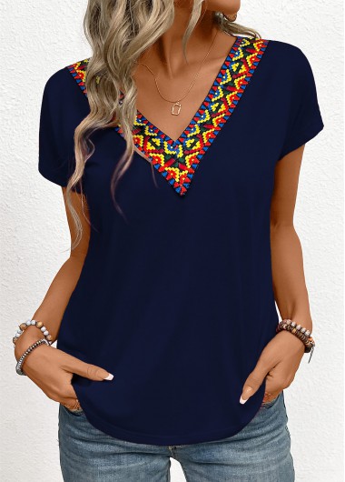 women clothes image of Navy Patchwork Tribal Print Short Sleeve T Shirt